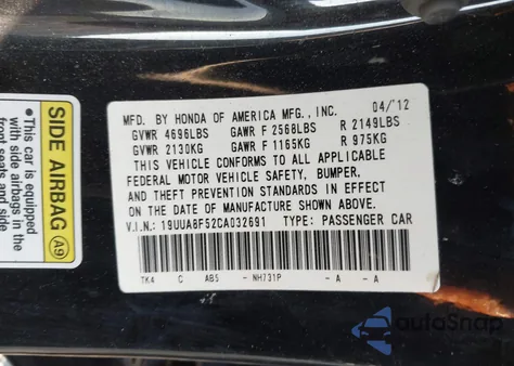 2012 Acura Tl 3.5 z USA, uszkodzony, nr VIN 19UUA8F52CA032691